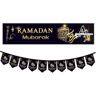 Black and Gold Ramadan Mubarak Banner Bunting And Balloons Set