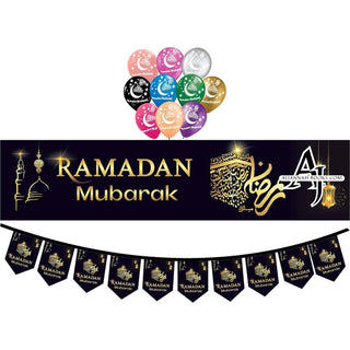 Black and Gold Ramadan Mubarak Banner Bunting And Balloons Set