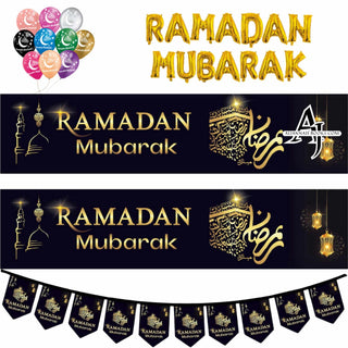 Black and Gold Ramadan Mubarak Banner Bunting And Balloons Set